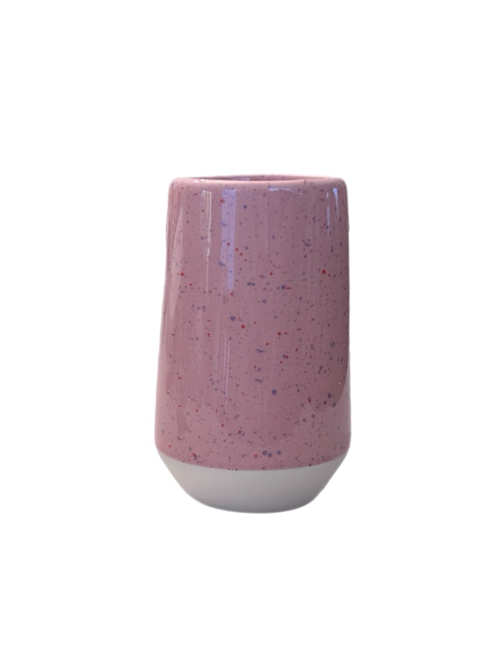 Pink Speckled Ceramic Bud Vase or Brush Holder with White Base